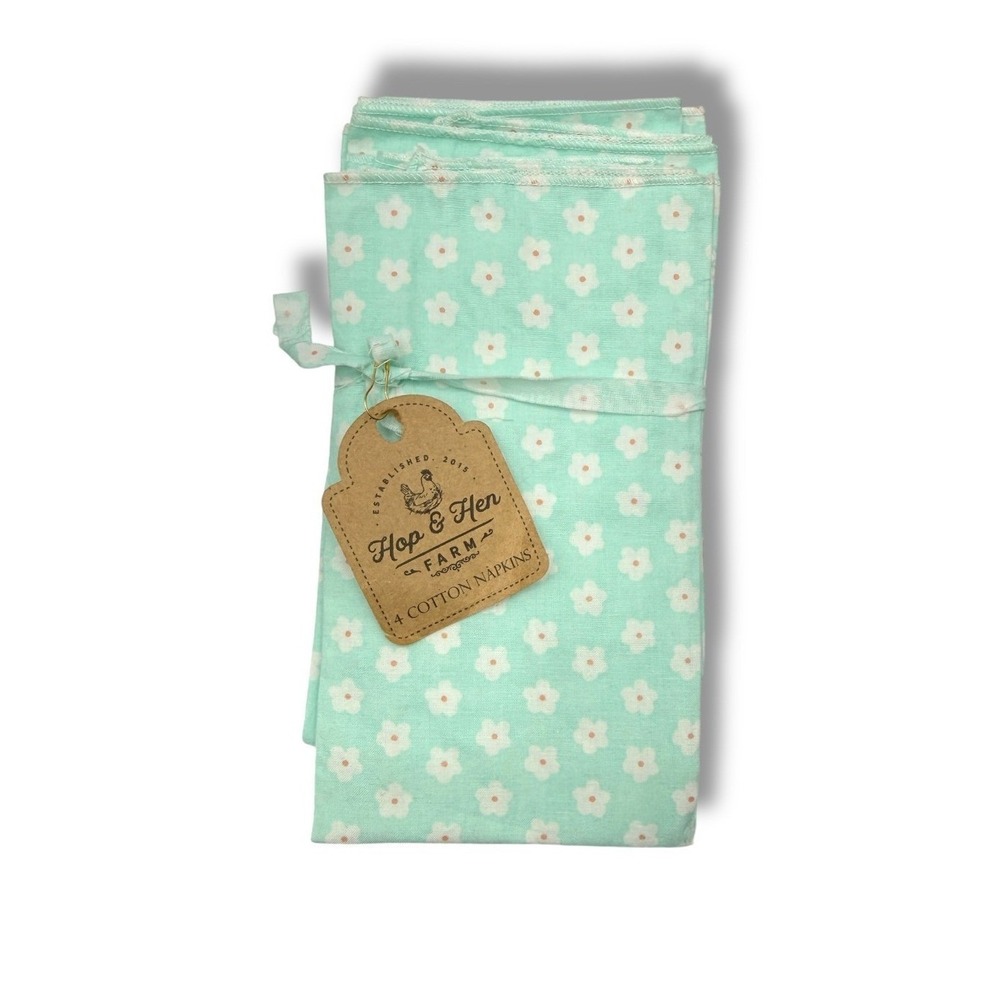 Hop & Hen Farm NWT Cotton‎ Napkins Set 16x16 Mint Green Daisy Table